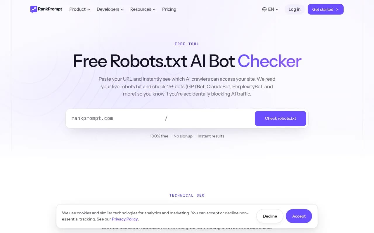 Rank Prompt's free robots.txt AI bot checker, which tests a live robots.txt against 19 AI crawlers