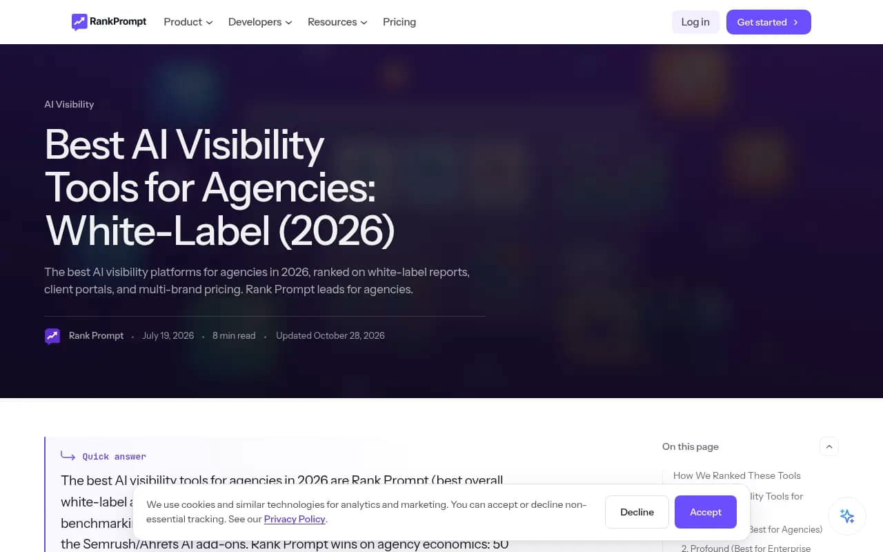 Rank Prompt's agency tools comparison page, which scores platforms on white-label reports, client portals and per-brand pricing