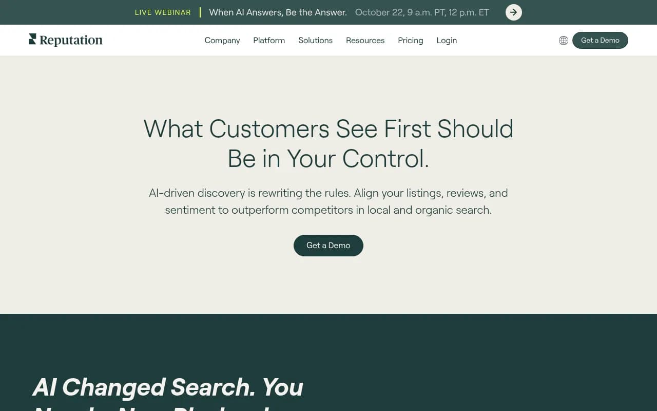Reputation.com's AI and local visibility solution page framing listings, reviews, and sentiment as inputs to AI-driven discovery