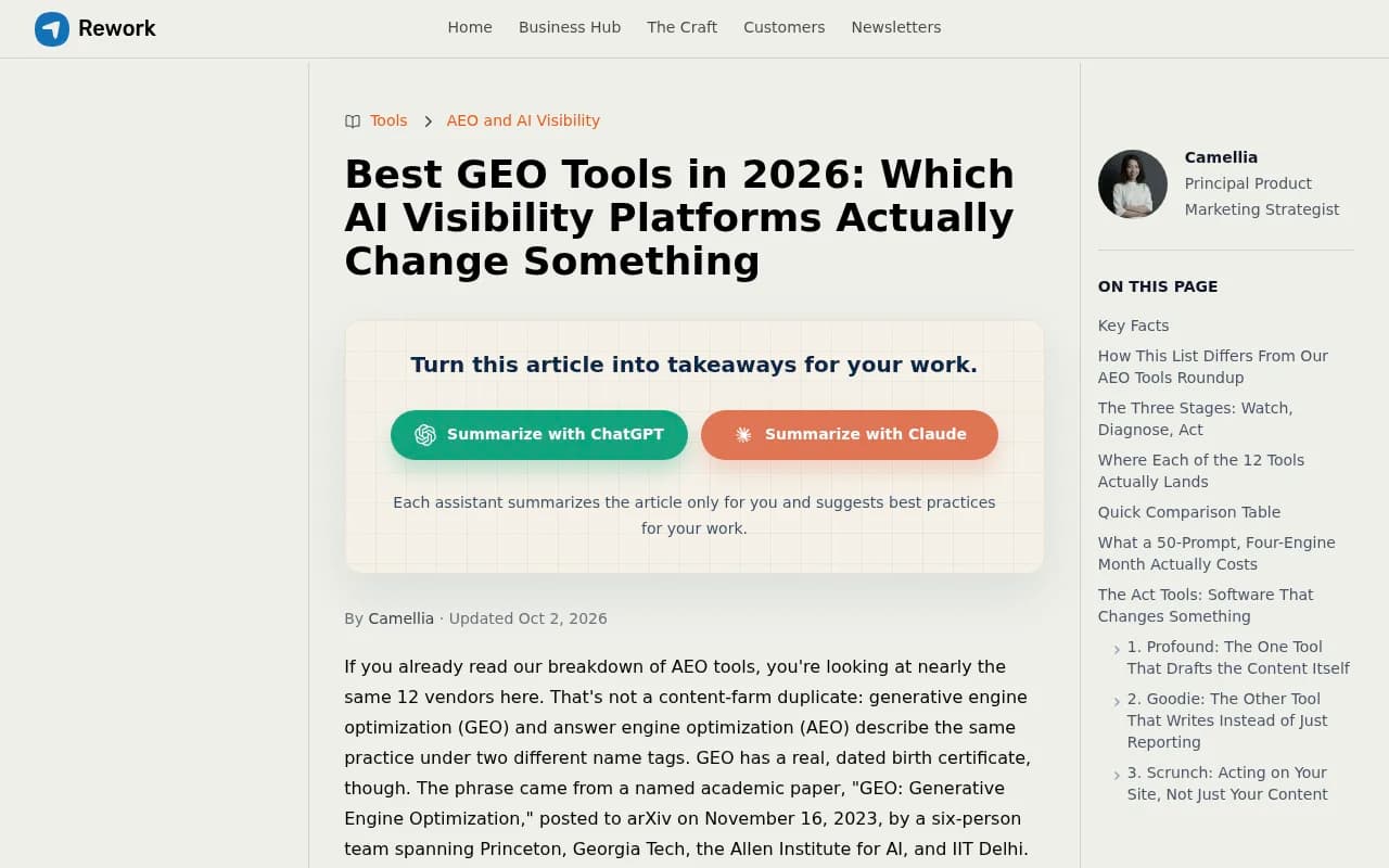 Rework's GEO tools roundup organizes 12 vendors by watch, diagnose and act stages