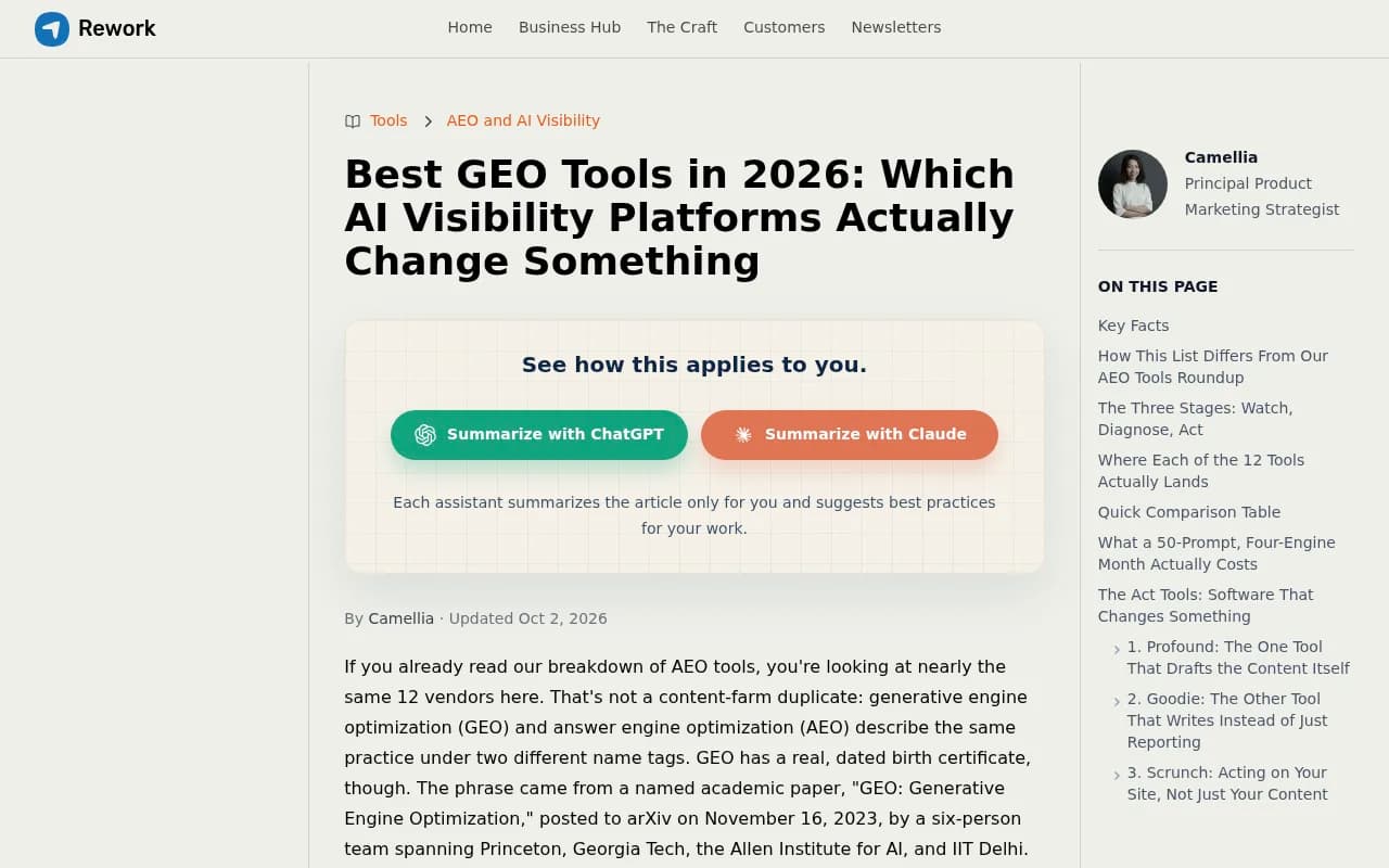 Rework's GEO tools roundup, which splits tools by whether they only report or actually change something