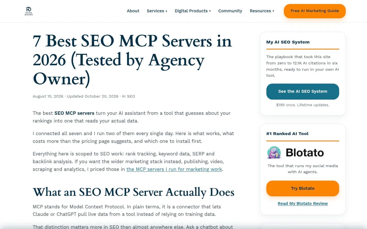 Ryan Doser's roundup of tested SEO MCP servers, with a table of real entry prices