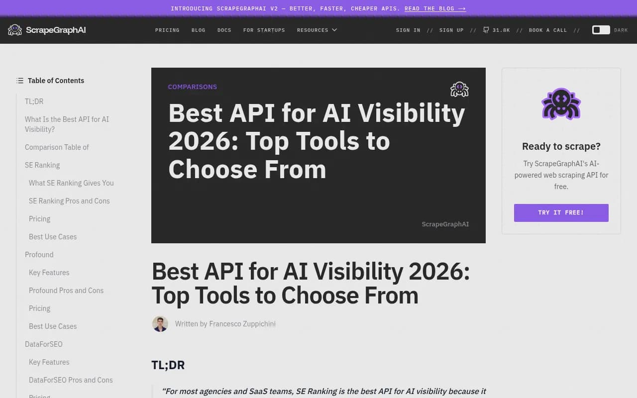 ScrapeGraphAI comparison of the best APIs for AI visibility, including SE Ranking, Profound, and DataForSEO