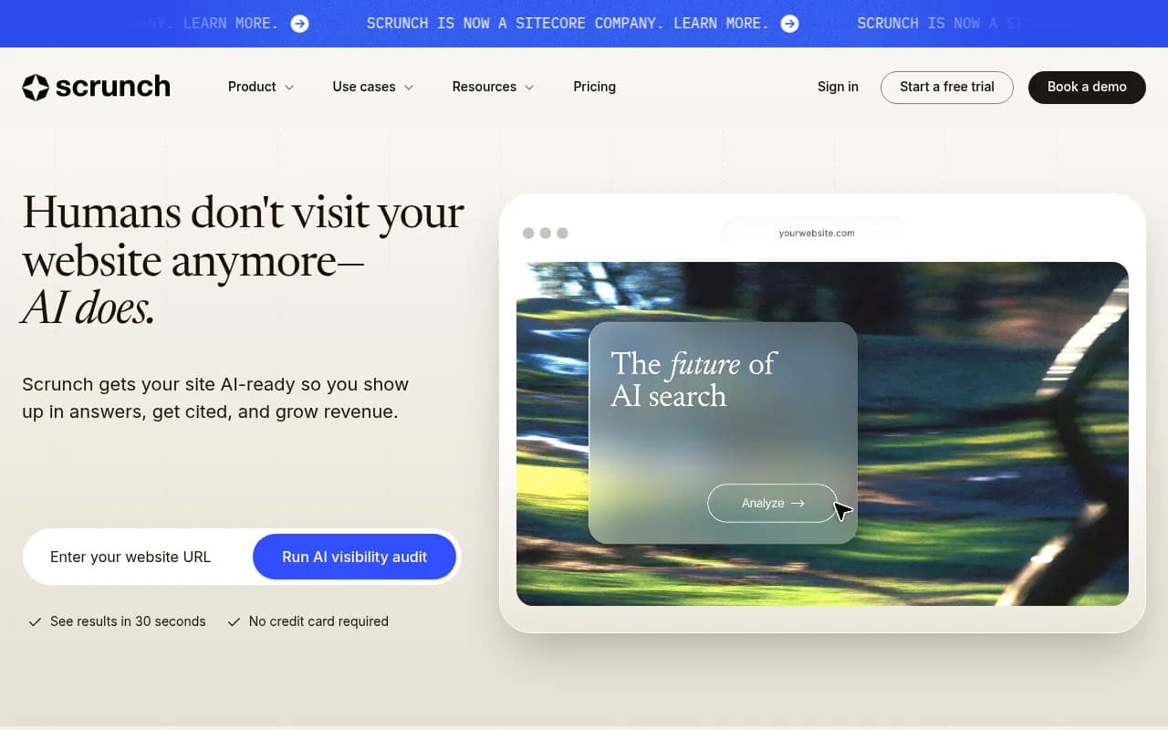 Scrunch AI homepage showing the platform's AI search visibility and optimization features