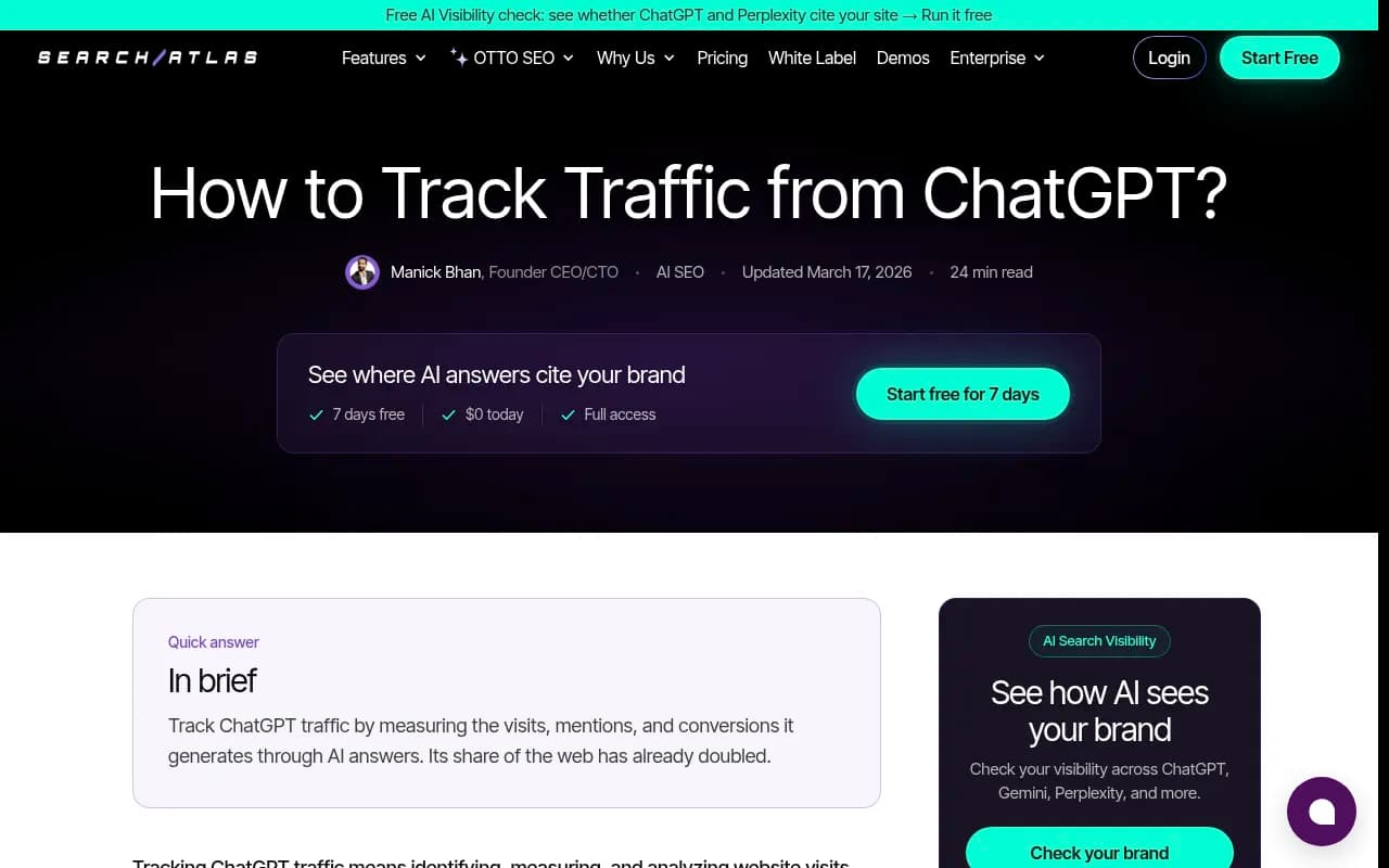 Search Atlas guide on tracking ChatGPT traffic with UTM parameters, custom channel groups and visibility metrics