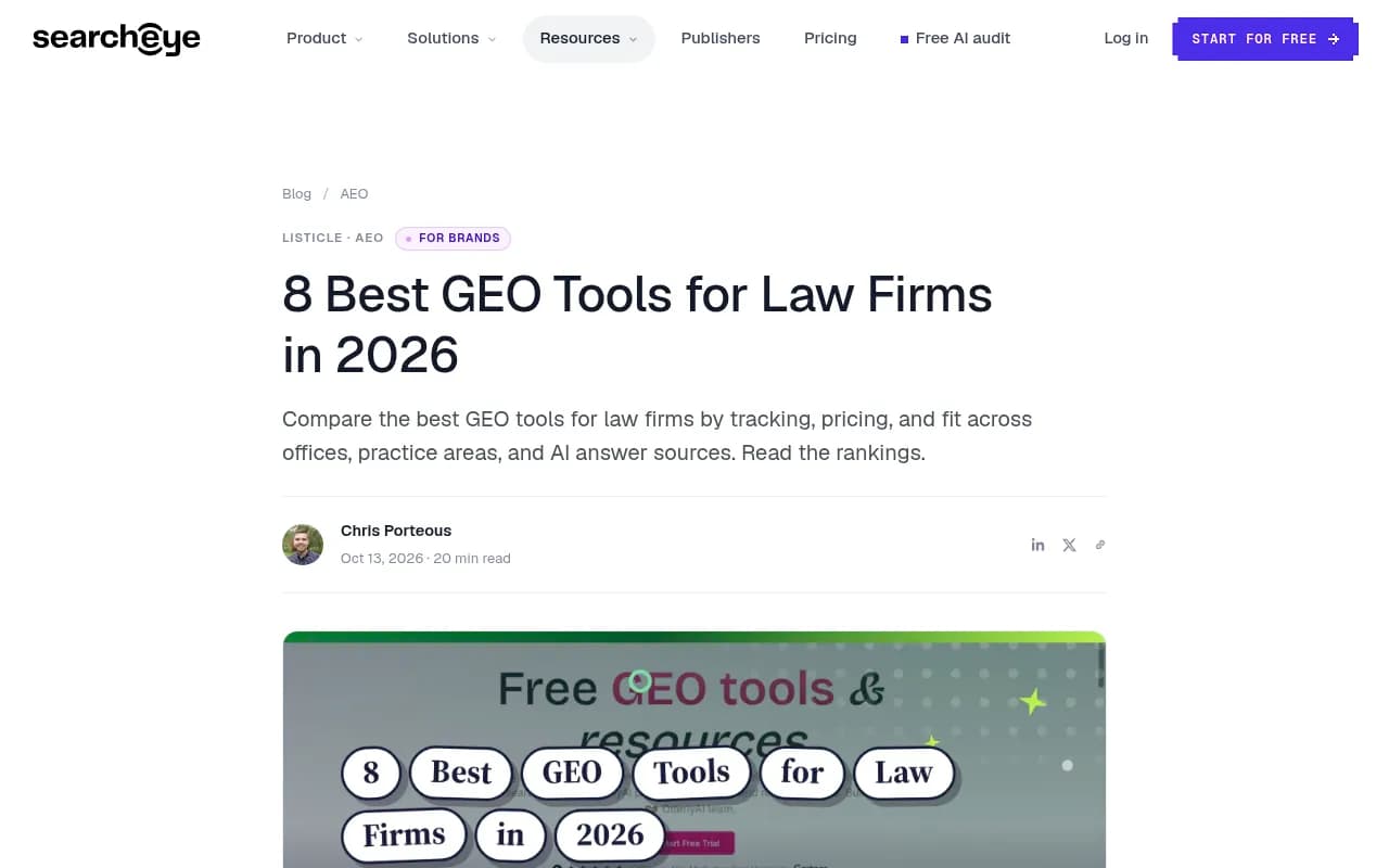 SearchEye's comparison of GEO tools for law firms, a vendor-authored but useful checklist of what to evaluate