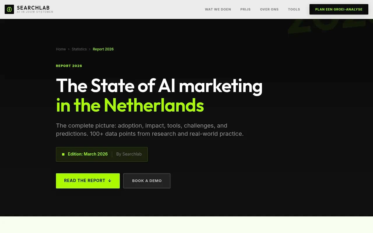 Searchlab's State of AI Marketing in the Netherlands 2026 report page with headline adoption statistics