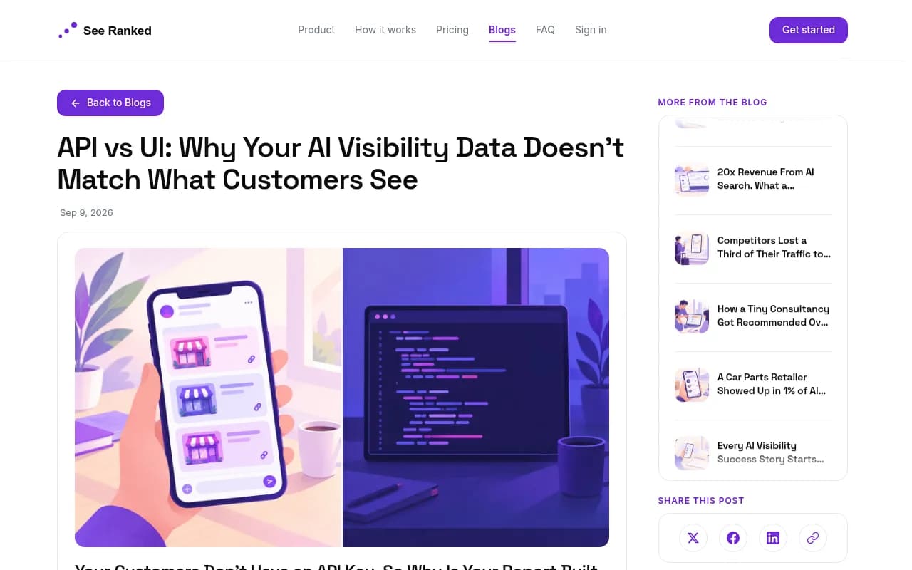 SeeRanked's article on why API-based AI visibility data doesn't match what customers see