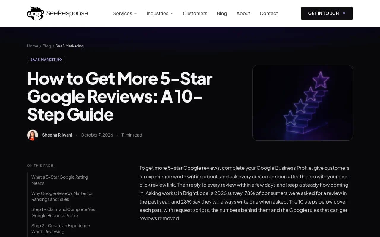 10-step guide to getting more 5-star Google reviews, showing the BrightLocal 2026 survey data on star rating thresholds