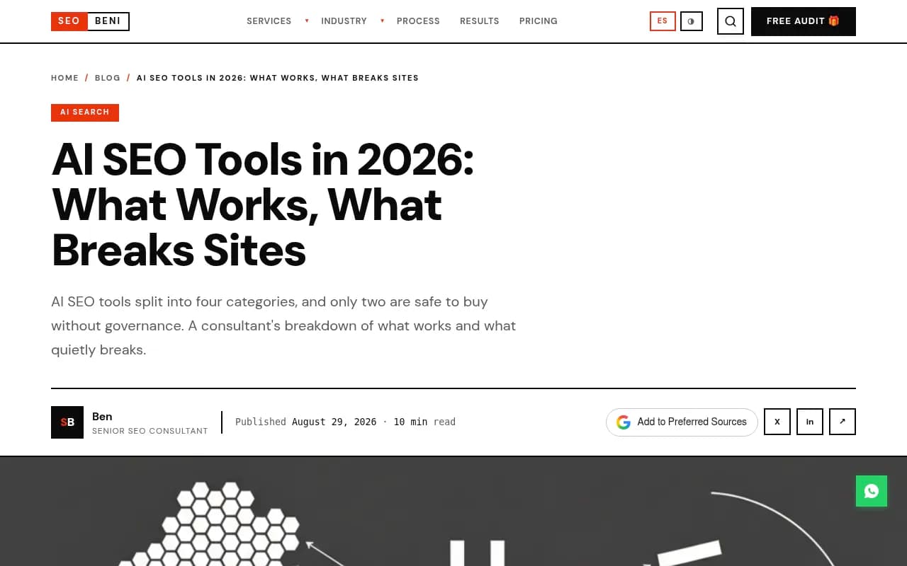 The seobeni guide splitting AI SEO tools into research, optimization, execution and tracking categories