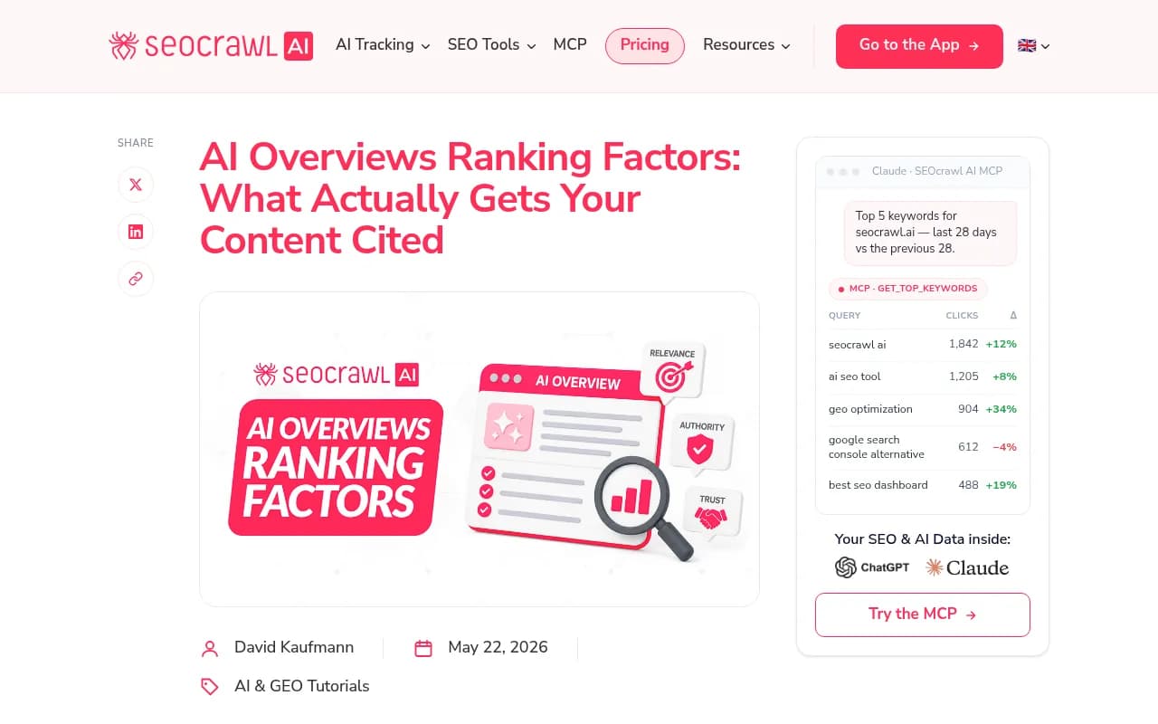 AI Overviews ranking factors guide showing how citation inside an AI Overview differs from traditional organic ranking and the CTR implications