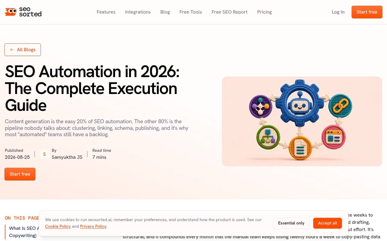 SeoSorted's guide on the full SEO automation pipeline, covering audit, fix, publish and track layers
