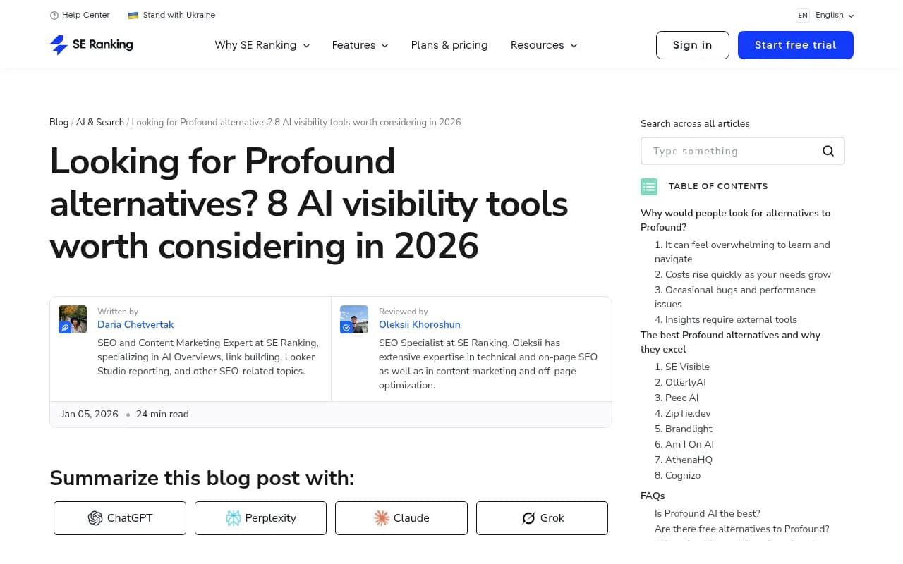 SE Ranking's comparison of Profound alternatives showing pricing and feature differences