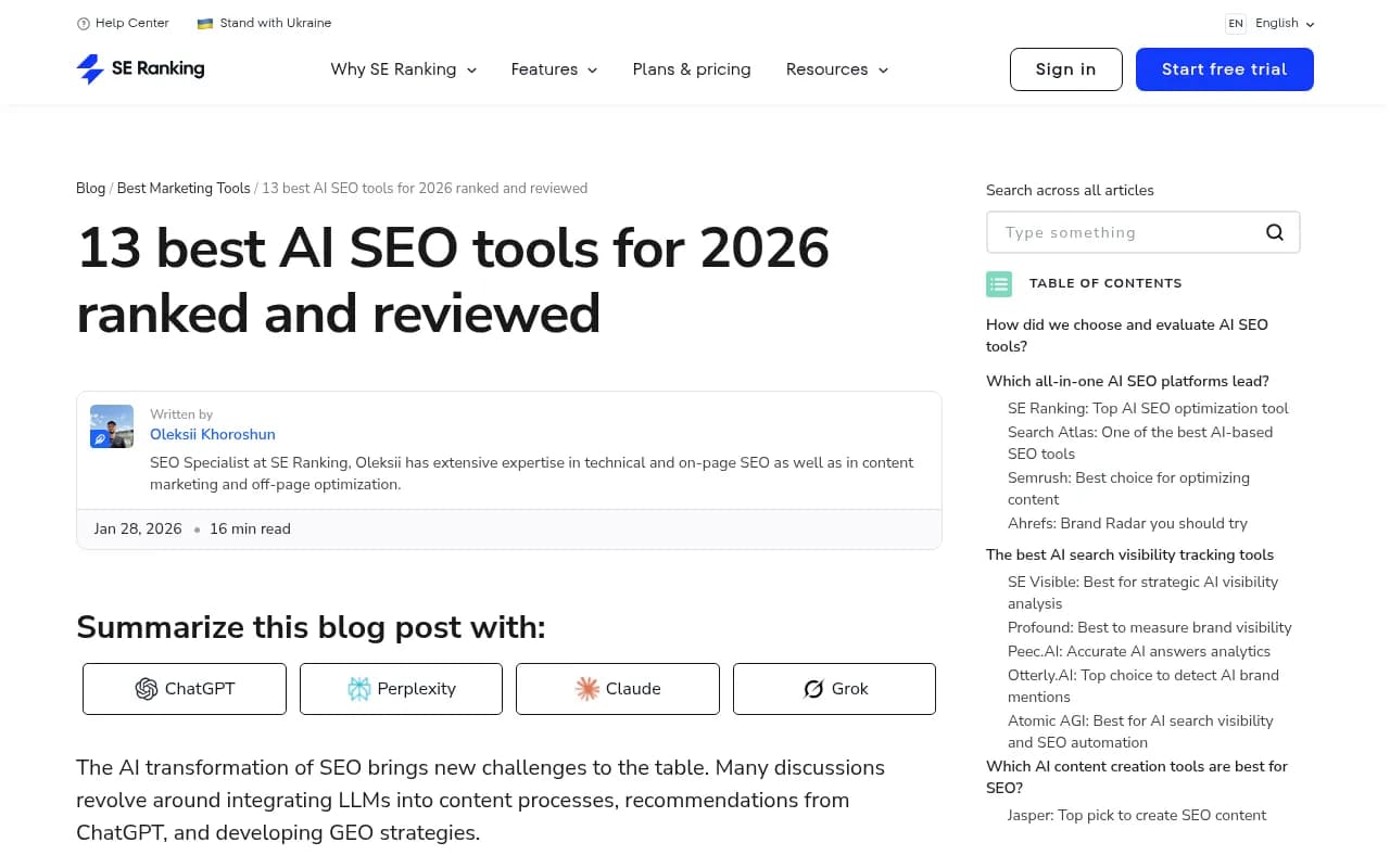 SE Ranking's breakdown of top AI SEO tools for 2026, showing categories and evaluation criteria