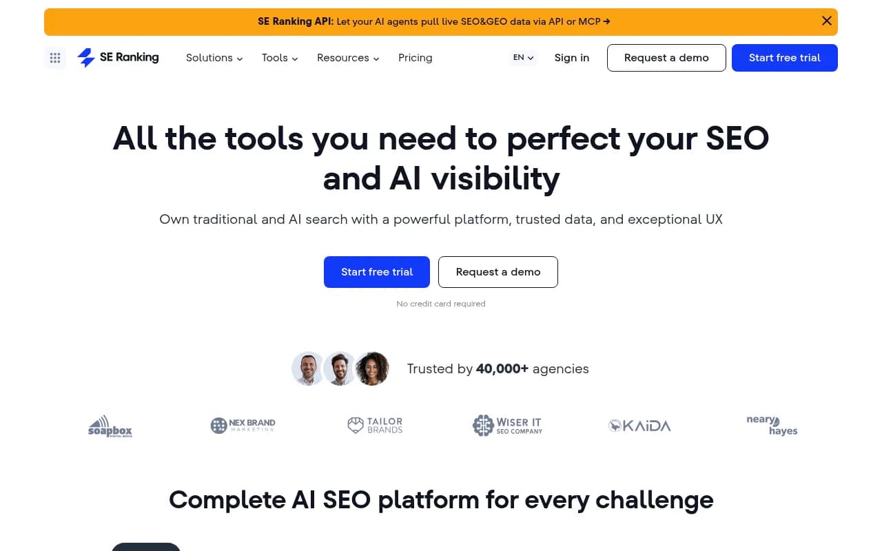 SE Ranking platform overview showing AI SEO tools and visibility features