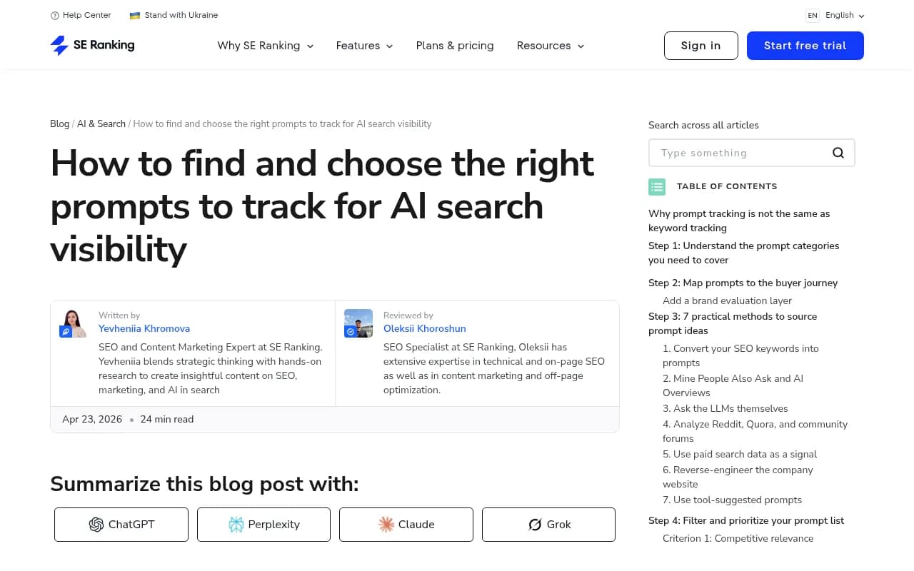 SE Ranking guide on choosing prompts for AI visibility tracking