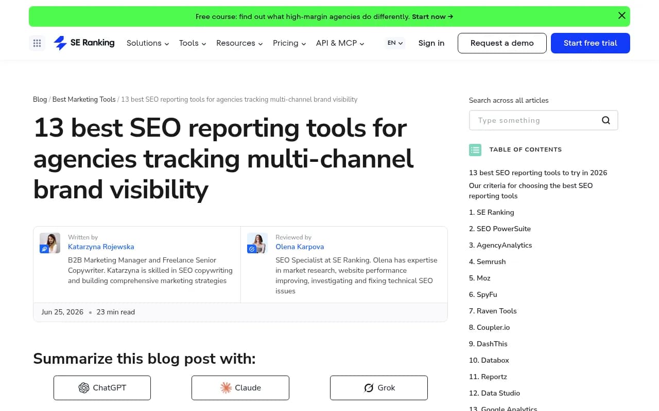 SE Ranking's 2026 roundup of SEO reporting tools for agencies