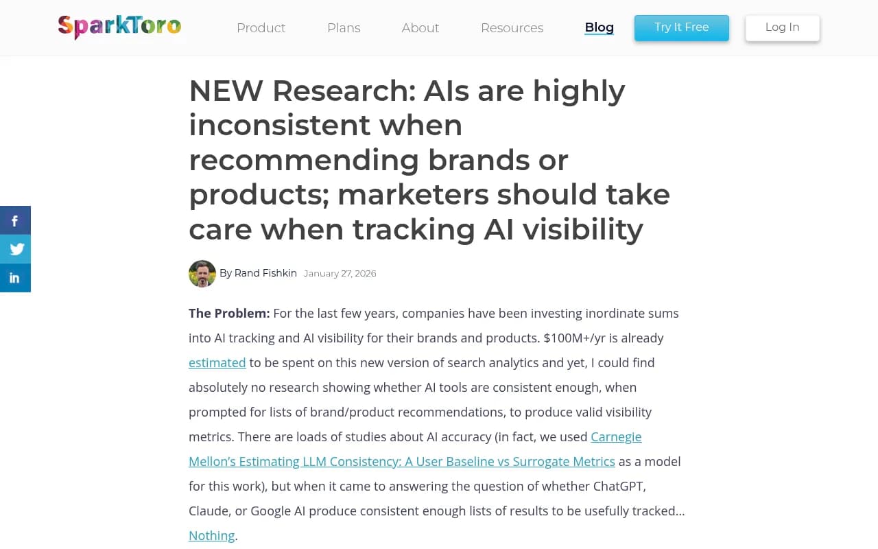 NEW Research: AIs are highly inconsistent when recommending brands or products; marketers should take care when tracking AI visibility - SparkToro