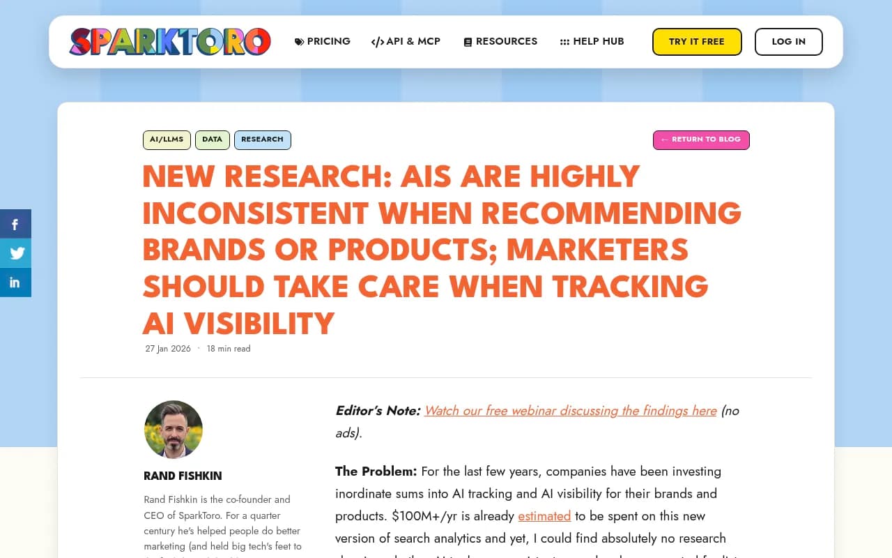 SparkToro's research on AI brand recommendation consistency