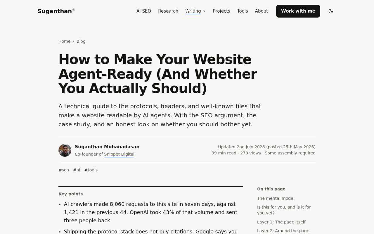 Suganthan's guide on making a website agent-ready, with scanner results and server log findings
