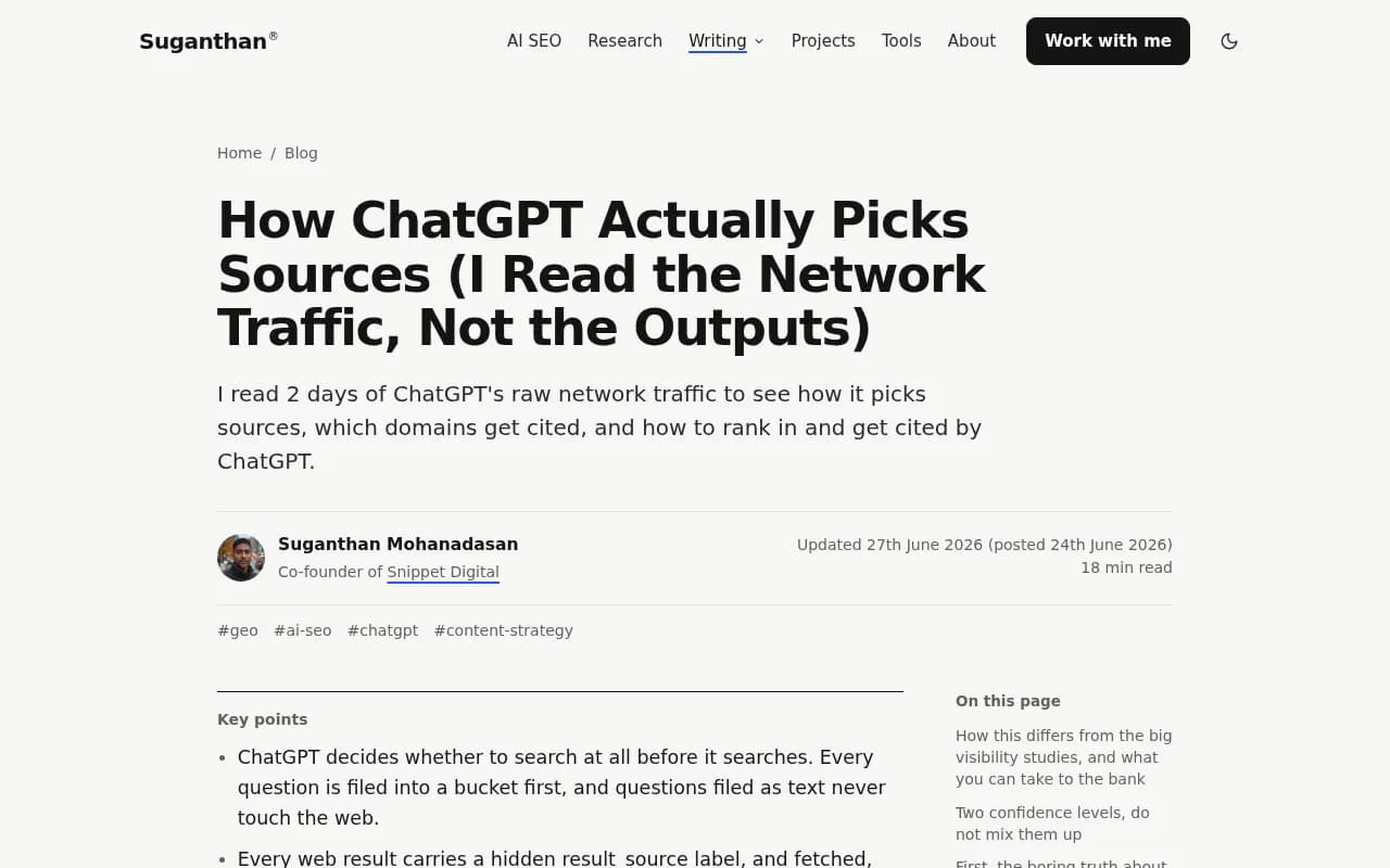 Suganthan's write-up of how ChatGPT picks sources, based on reading network traffic