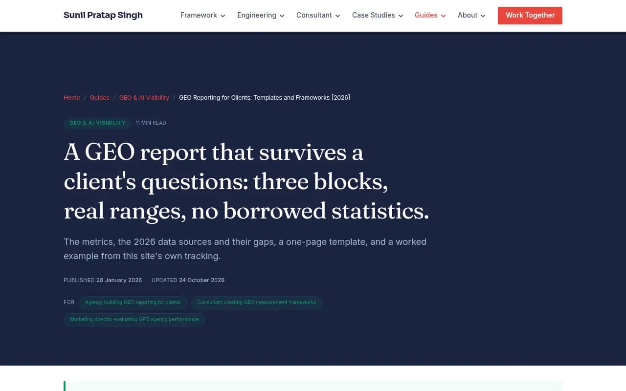 Sunil Pratap Singh's guide to GEO client reporting, outlining a three-block report structure and the noise problem with AI answers