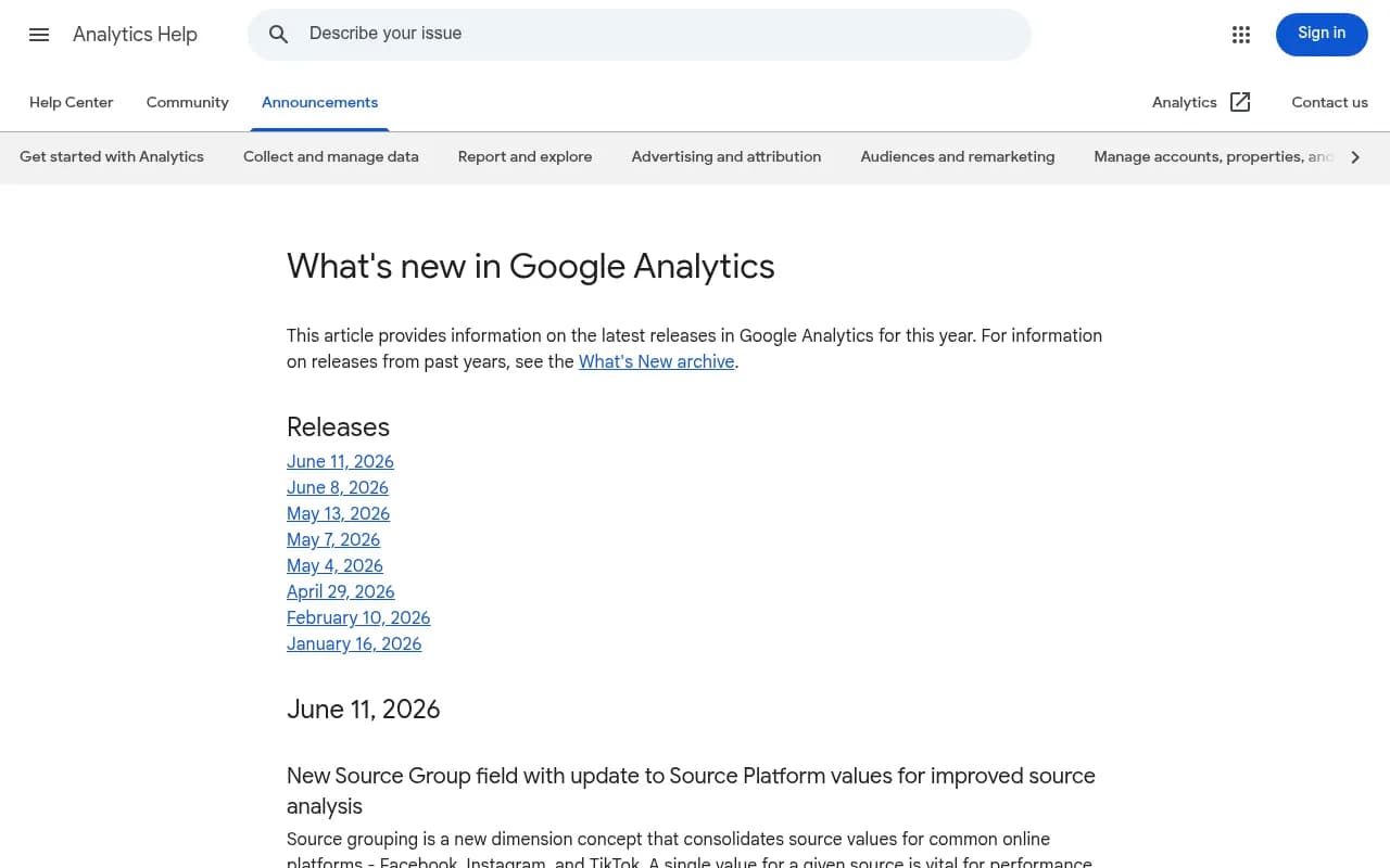 Google Analytics What's New page showing the new AI Assistant channel grouping for ChatGPT, Gemini, and Claude referral traffic