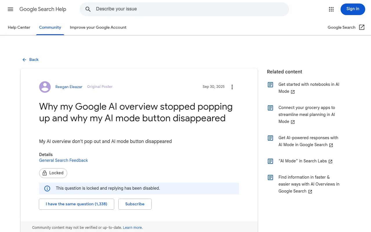 Screenshot of the Google Search Community thread listing the recommended troubleshooting steps for missing AI Overviews and AI Mode, including Search Labs settings, browser data, and account requirements