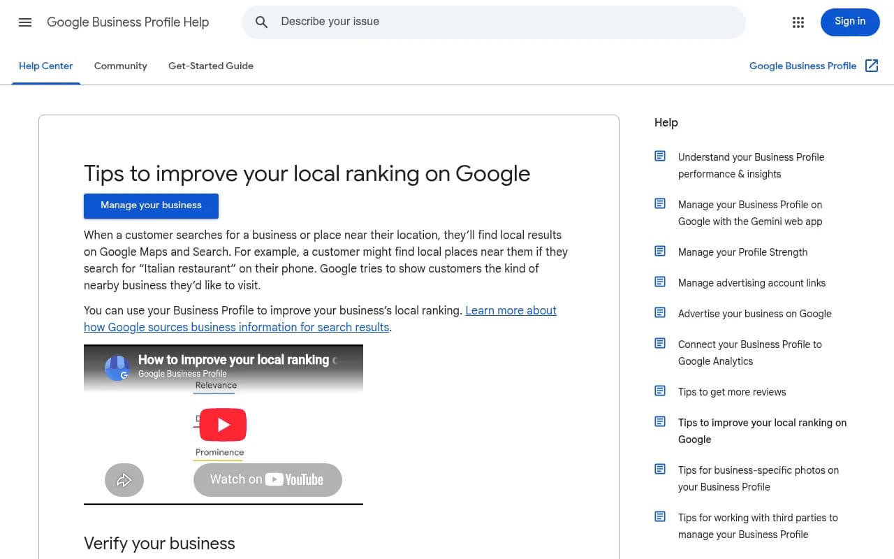 Google's own guidance on improving local ranking still centers entirely on Business Profile completeness, reviews, and verification, with no mention of AI Overviews or generative answers.