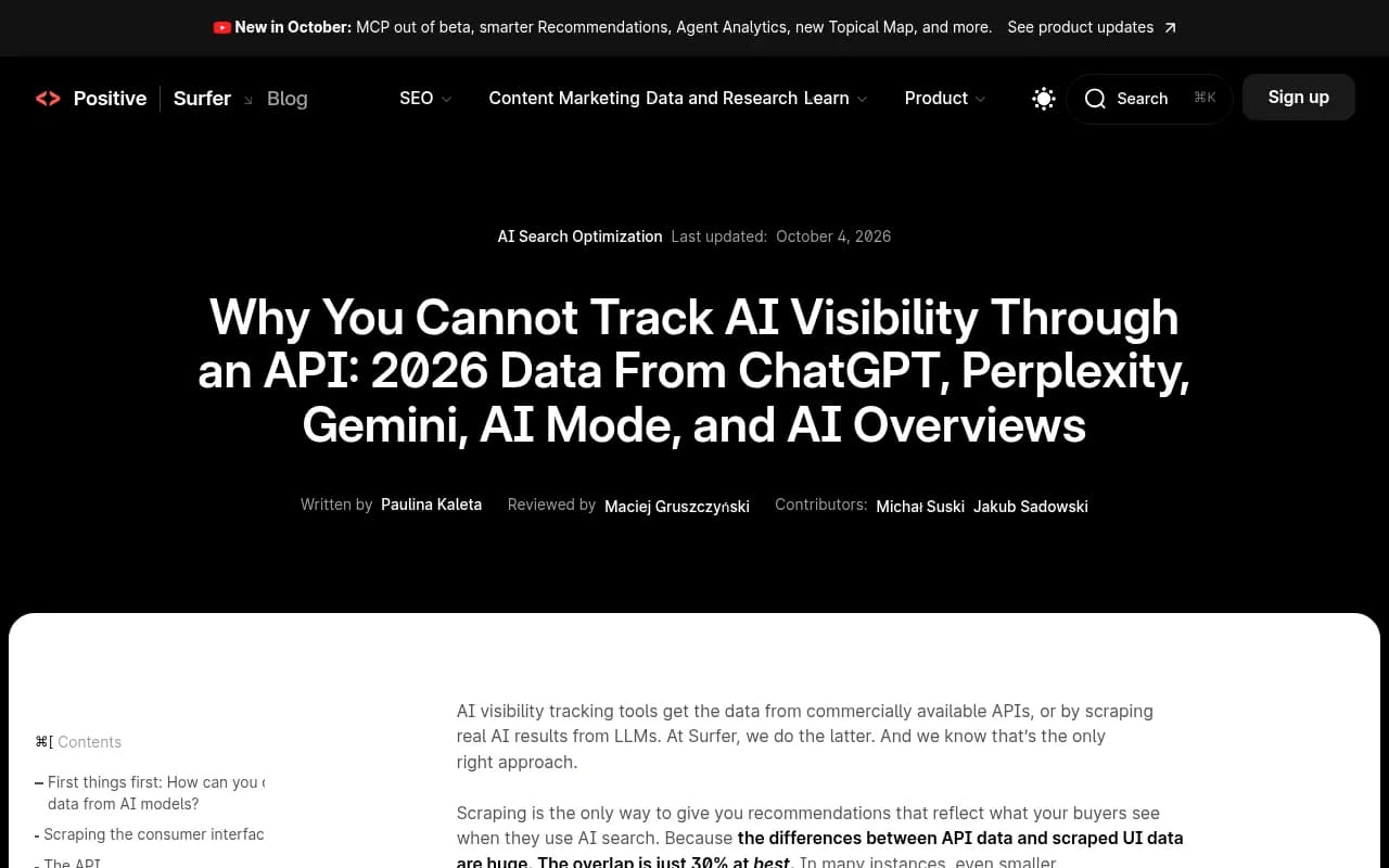Surfer SEO study comparing scraped AI interface answers with API results across ChatGPT, Perplexity, Gemini, AI Mode, and AI Overviews