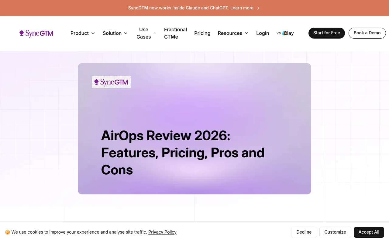 AirOps review breakdown from SyncGTM showing feature table and platform overview