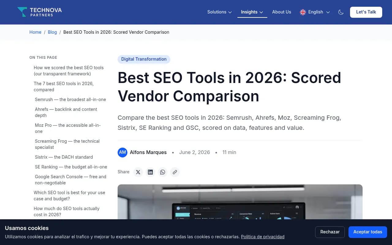 Scored vendor comparison of the best SEO tools in 2026 including Semrush, Ahrefs, Moz, and SE Ranking