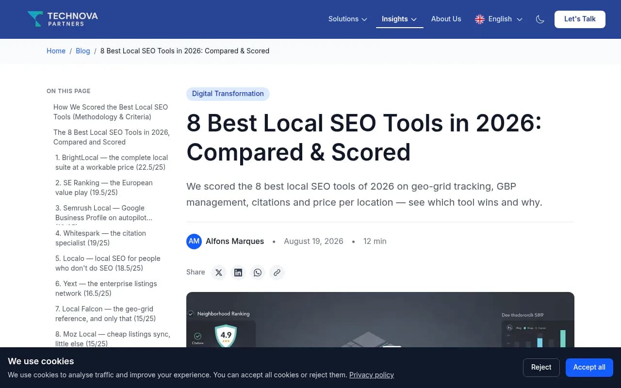 Technova's comparison of eight local SEO tools scored on geo-grid tracking, GBP management, citations and pricing