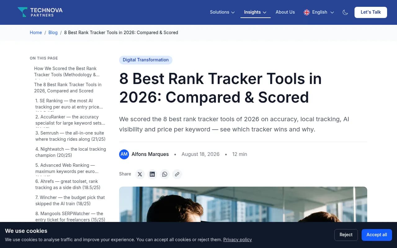 Comparison of eight rank tracker tools scored on accuracy, local tracking, AI visibility and value