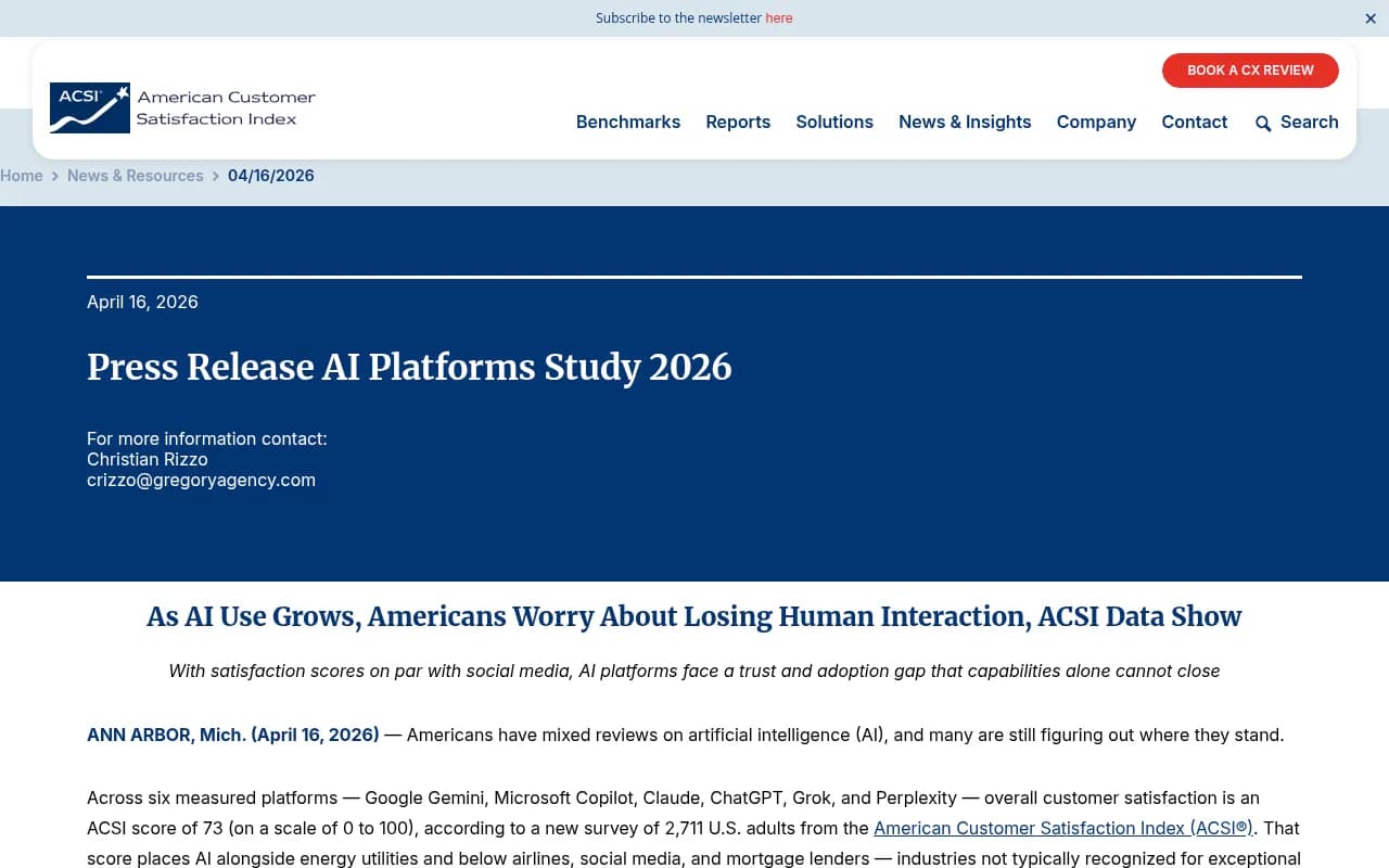 ACSI AI Platforms Study 2026 press release with satisfaction scores for Gemini, Copilot, Claude, ChatGPT, Grok and Perplexity