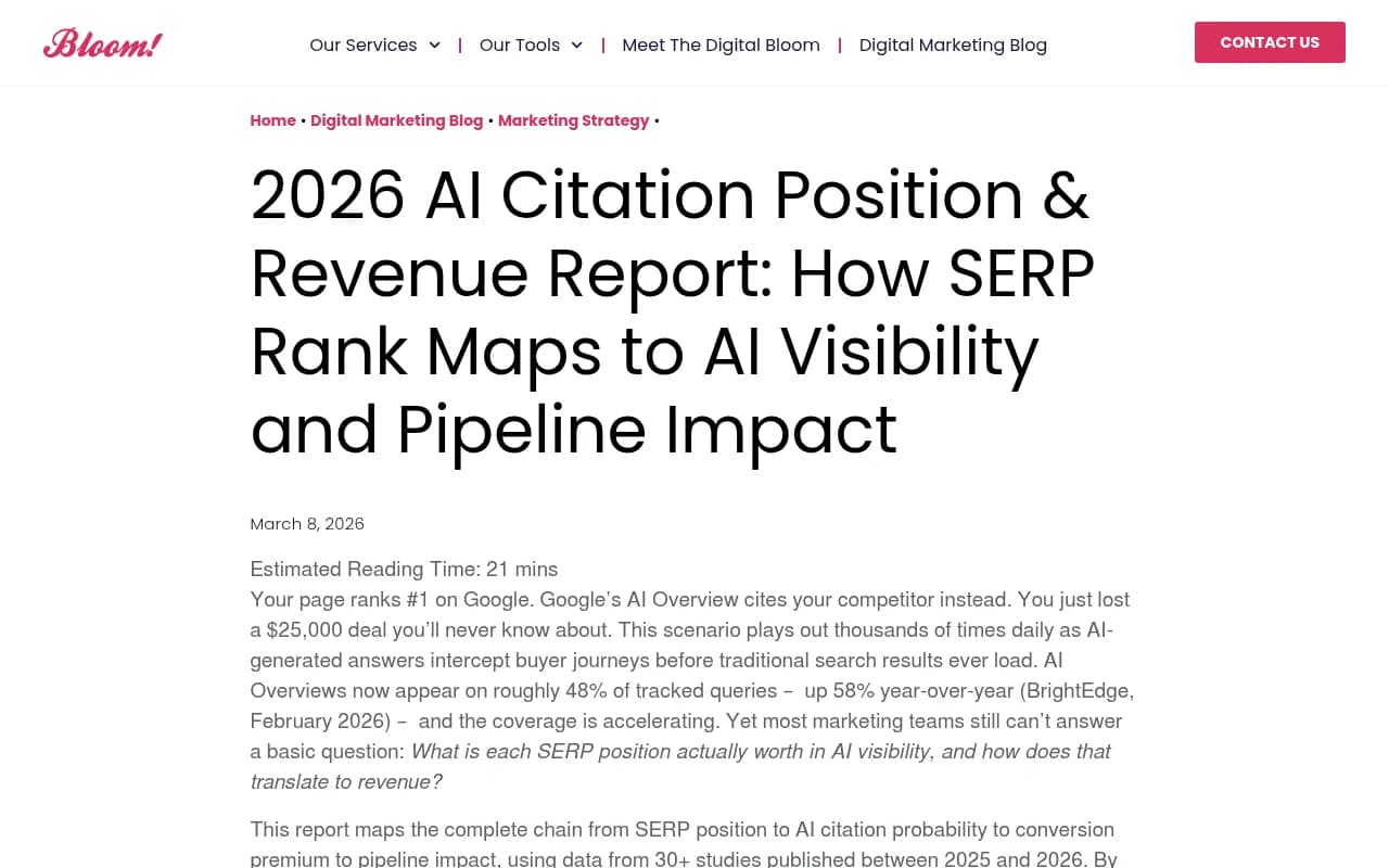 The Digital Bloom's 2026 AI Citation Position & Revenue Report showing how SERP position maps to AI citation probability