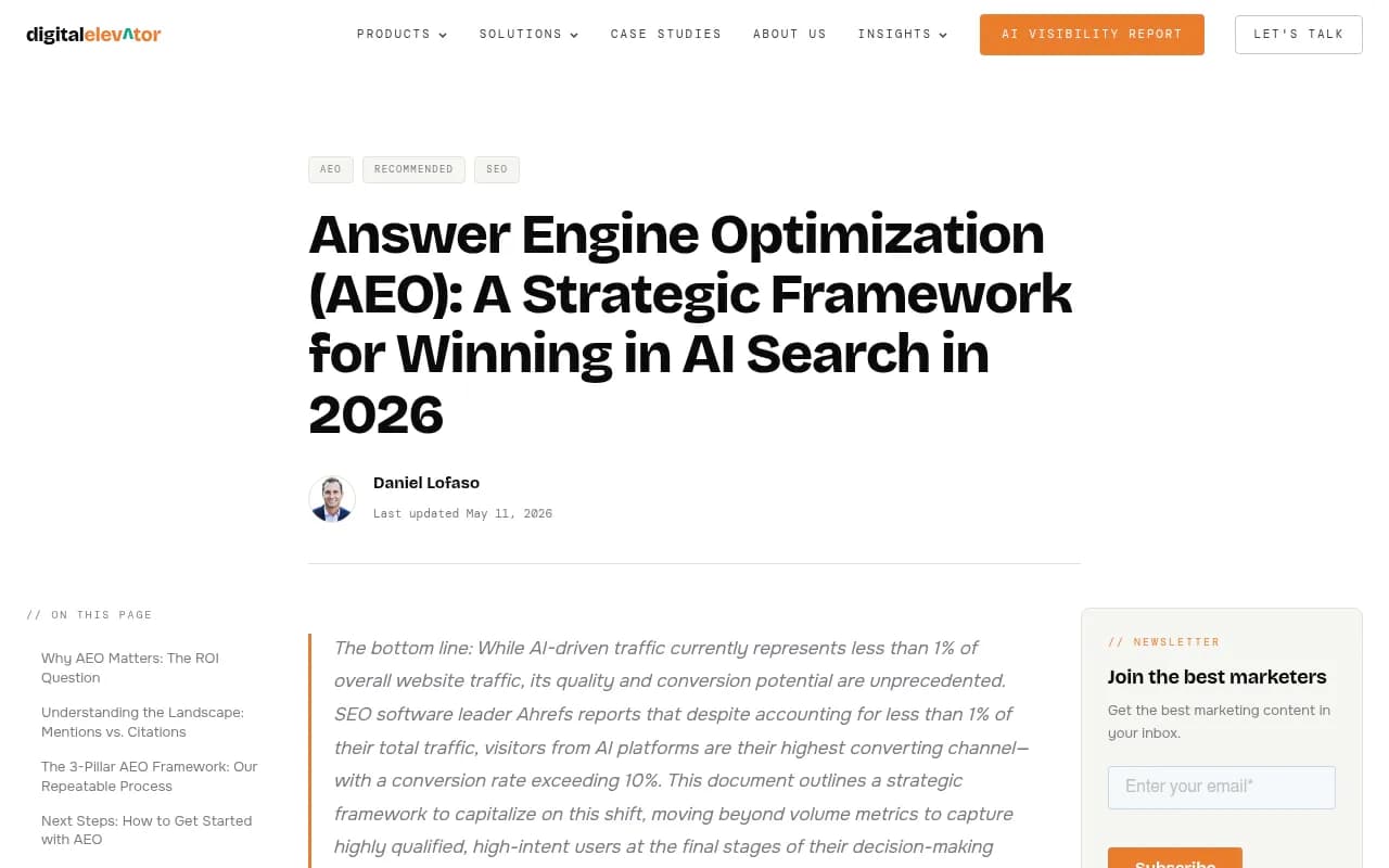 Answer Engine Optimization strategic framework showing owned content, earned validation, and technical signals