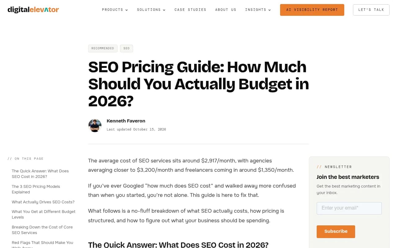 Digital Elevator SEO pricing guide covering agency, freelancer and project-based costs