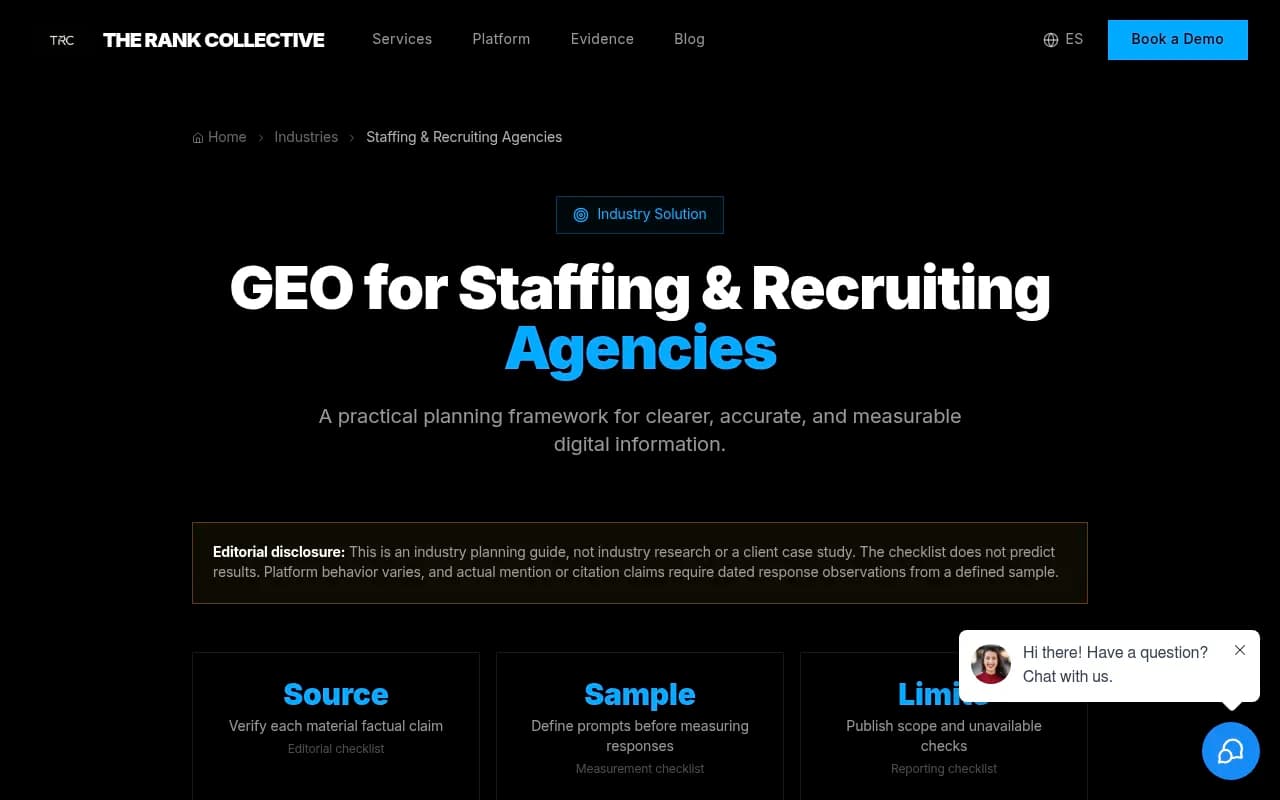 GEO planning framework for staffing and recruiting agencies showing source review, content clarity, and measurement checklist steps