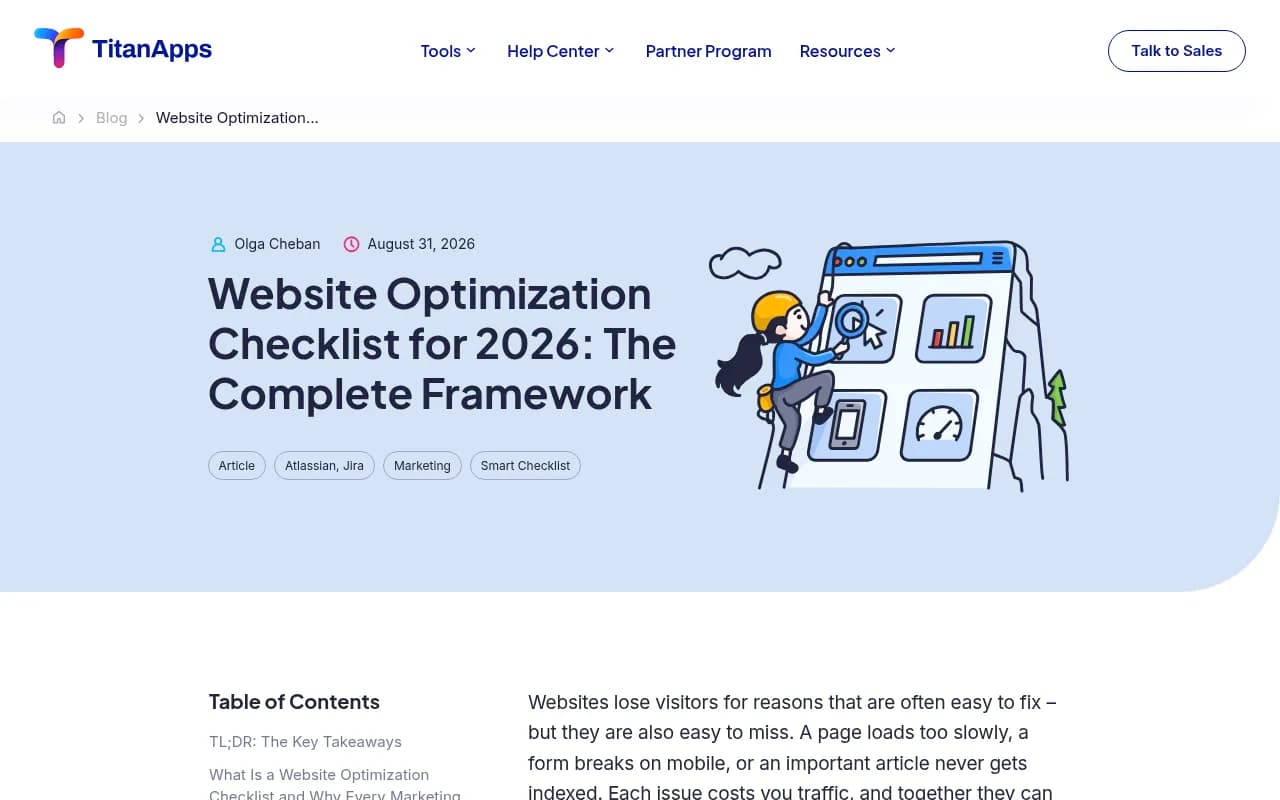 Screenshot of a website optimization checklist covering technical health, SEO, content and UX