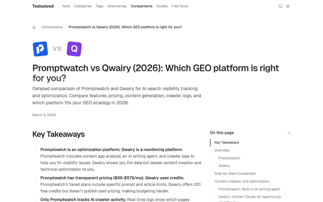 Promptwatch vs Qwairy comparison page on Toolsolved