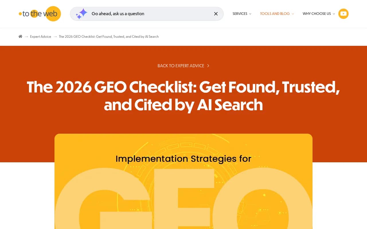 Screenshot of a GEO checklist article from To The Web covering how to structure content for AI citation