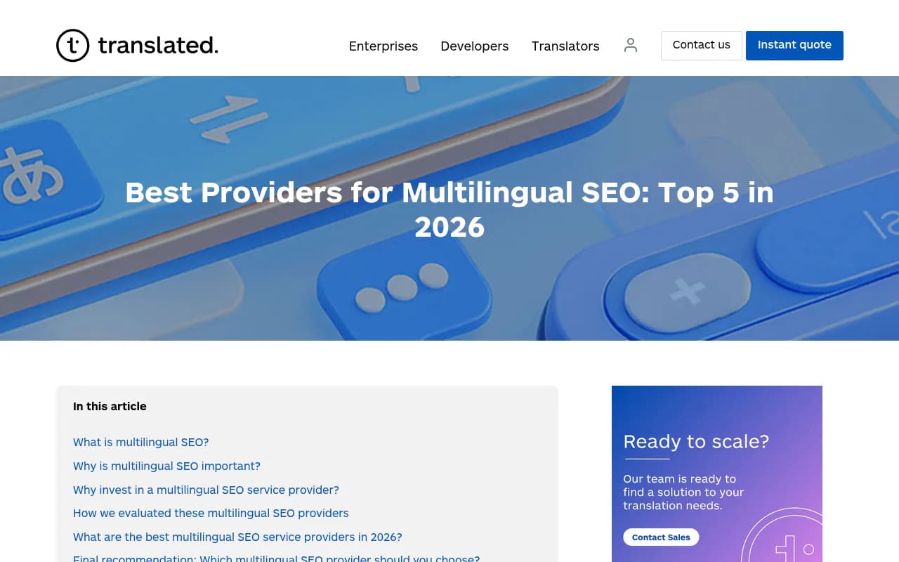 Translated's comparison of multilingual SEO providers, with criteria such as keyword localization and technical SEO