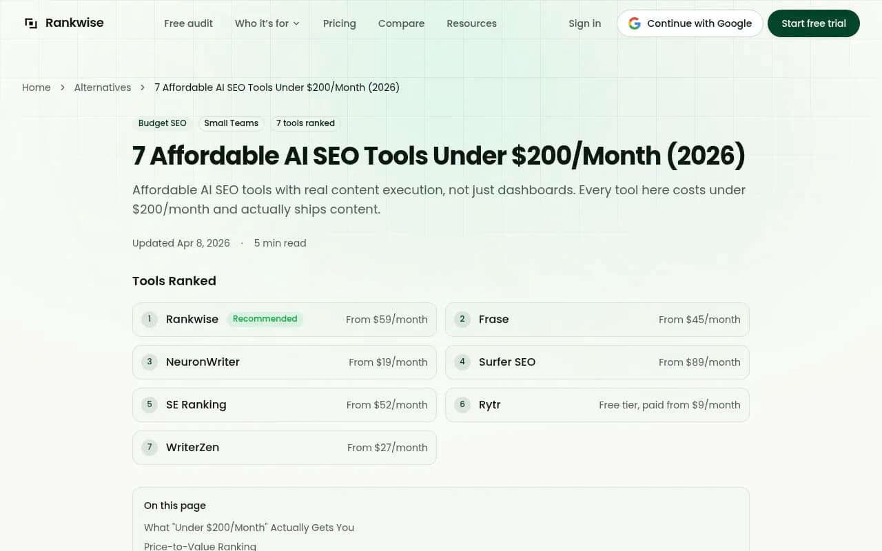 Rankwise's list of seven AI SEO tools under $200 a month with starting prices