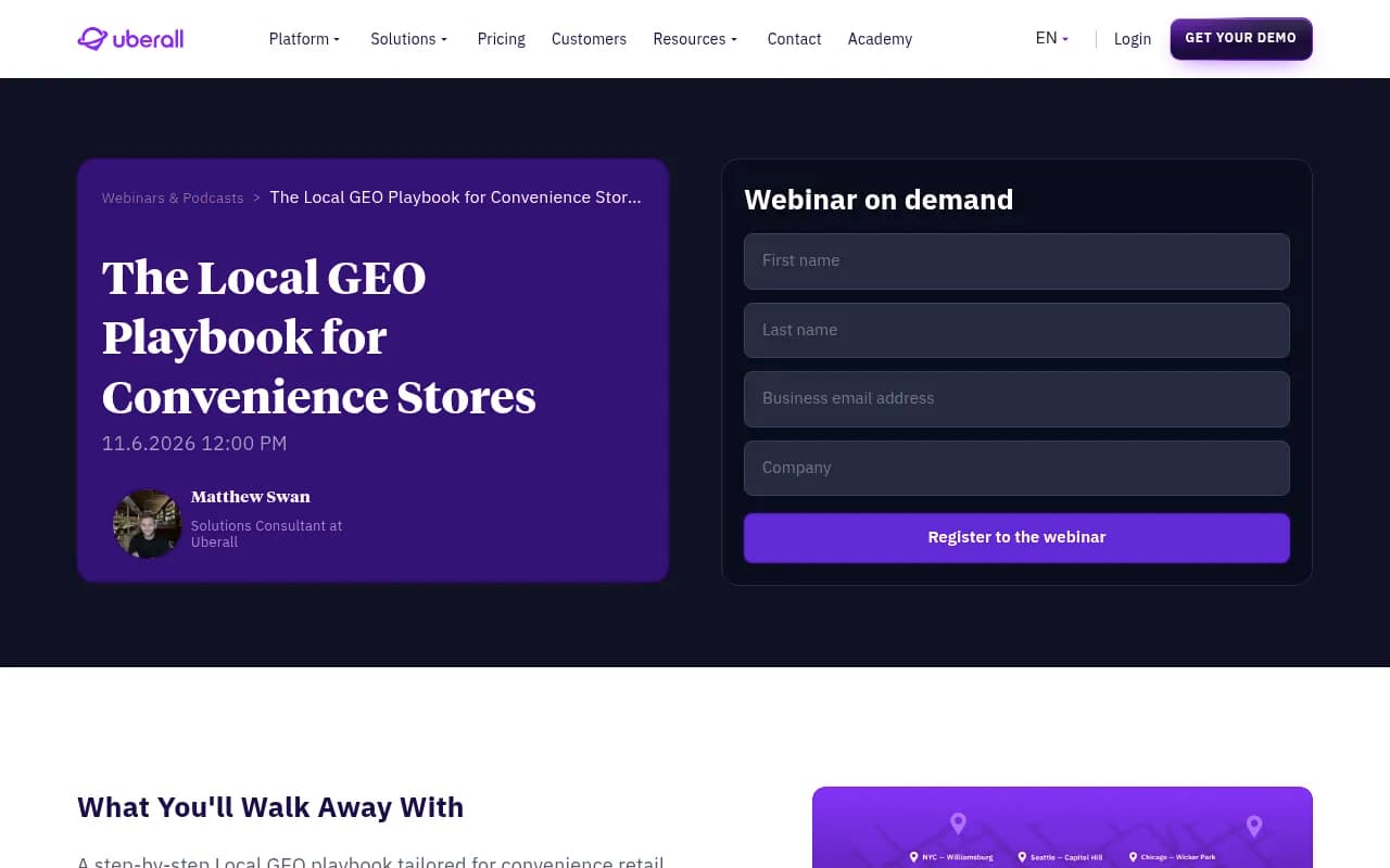 Uberall webinar page for the Local GEO Playbook for Convenience Stores