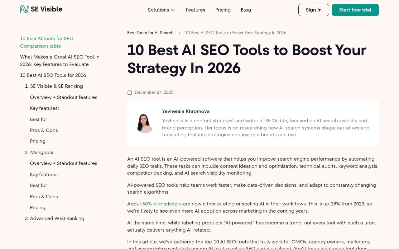 SE Ranking AI SEO tools comparison table showing features, pricing, and ratings for top platforms in 2026