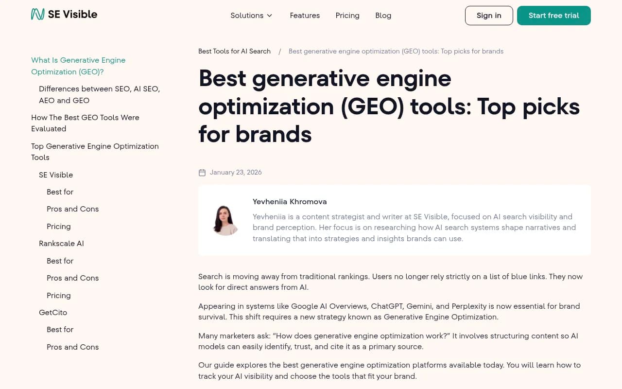 SE Ranking's 2026 breakdown of the best GEO tools, showing a comparison table of platforms with pricing, capabilities, and best-fit use cases