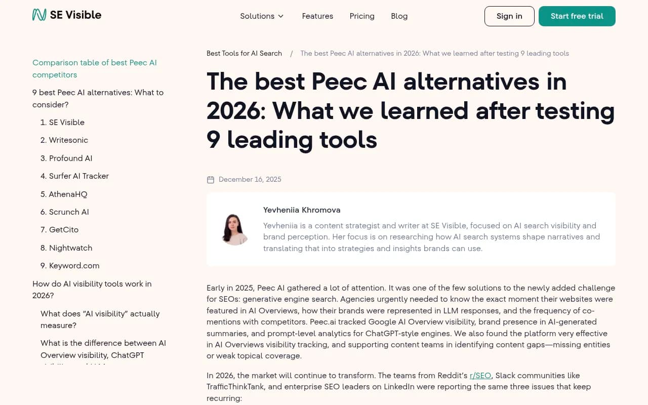 Comparison of Peec AI alternatives from SE Visible research