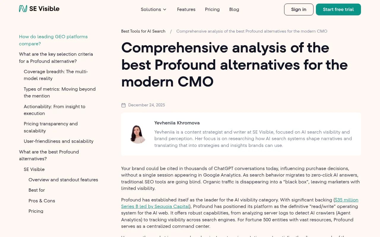 SE Visible's comparison of Profound alternatives showing platform focus areas and pricing models