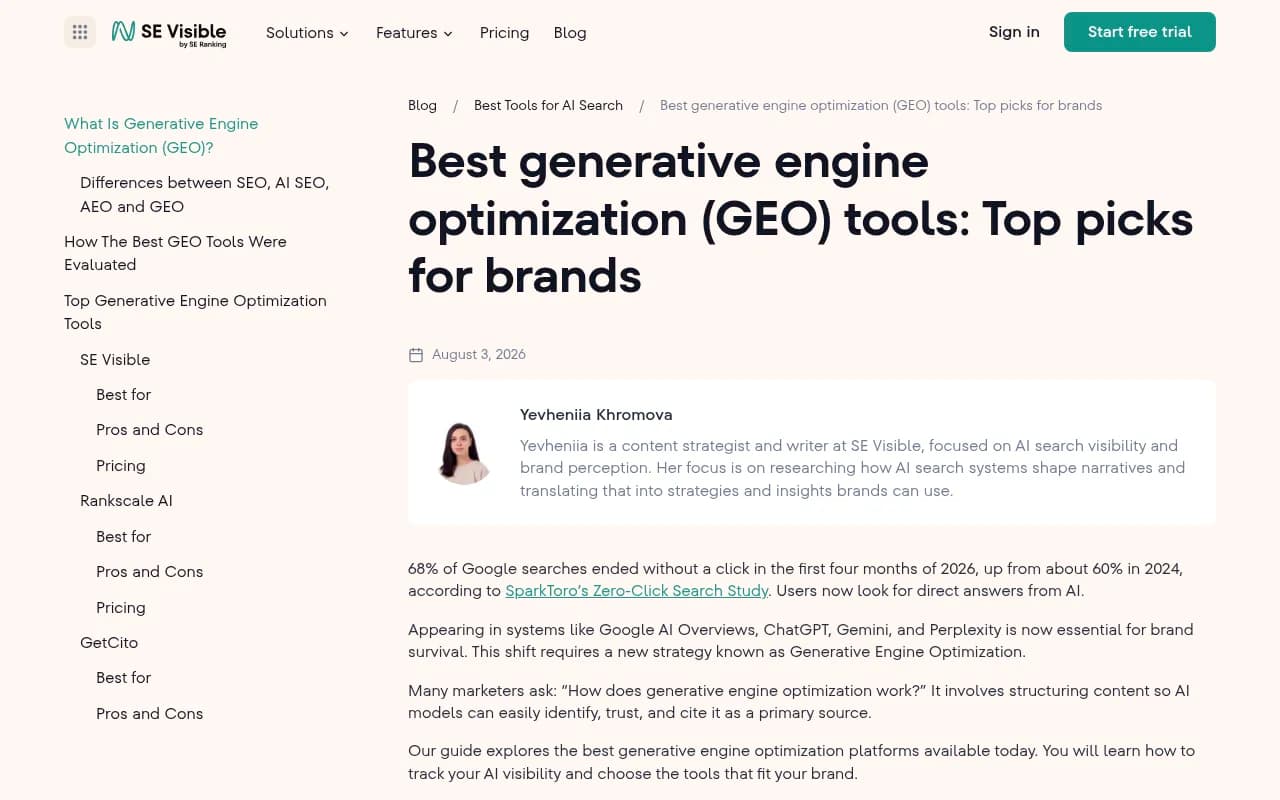 SE Ranking's SE Visible guide to generative engine optimization tools, showing a comparison table of visibility trackers